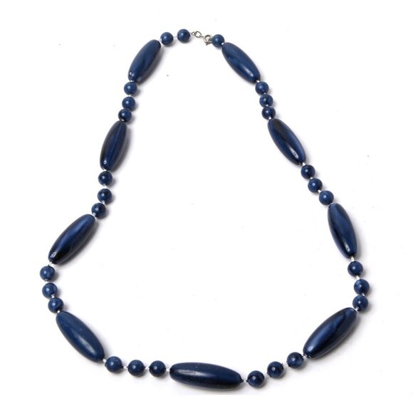 Vintage Oblong Acrylic Beaded Necklace Navy Blue Beads Long Tapered Retro 80s - Picture 1 of 5